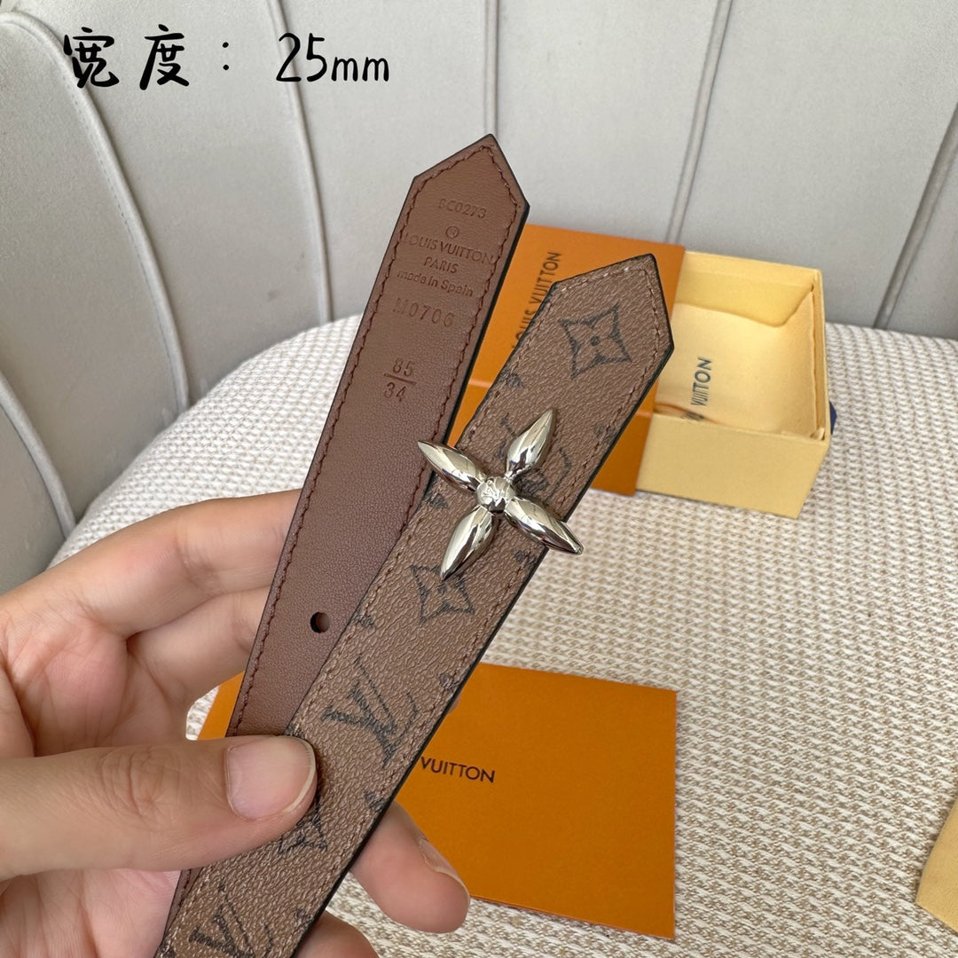 LV FLOWERGRAM 25 MM REVERSIBLE BELT IN BROWN MONOGRAM CALFSKIN SILVER HARDWARE