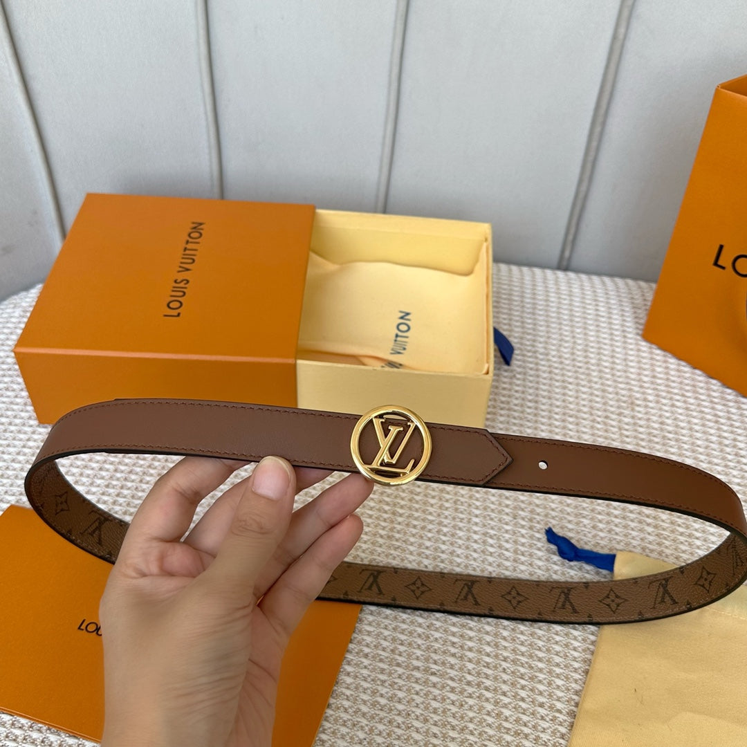 LV CIRCLE 25MM REVERSIBLE BELT MEDIUM BROWN MONOGRAM CALFSKIN GOLD HARDWARE