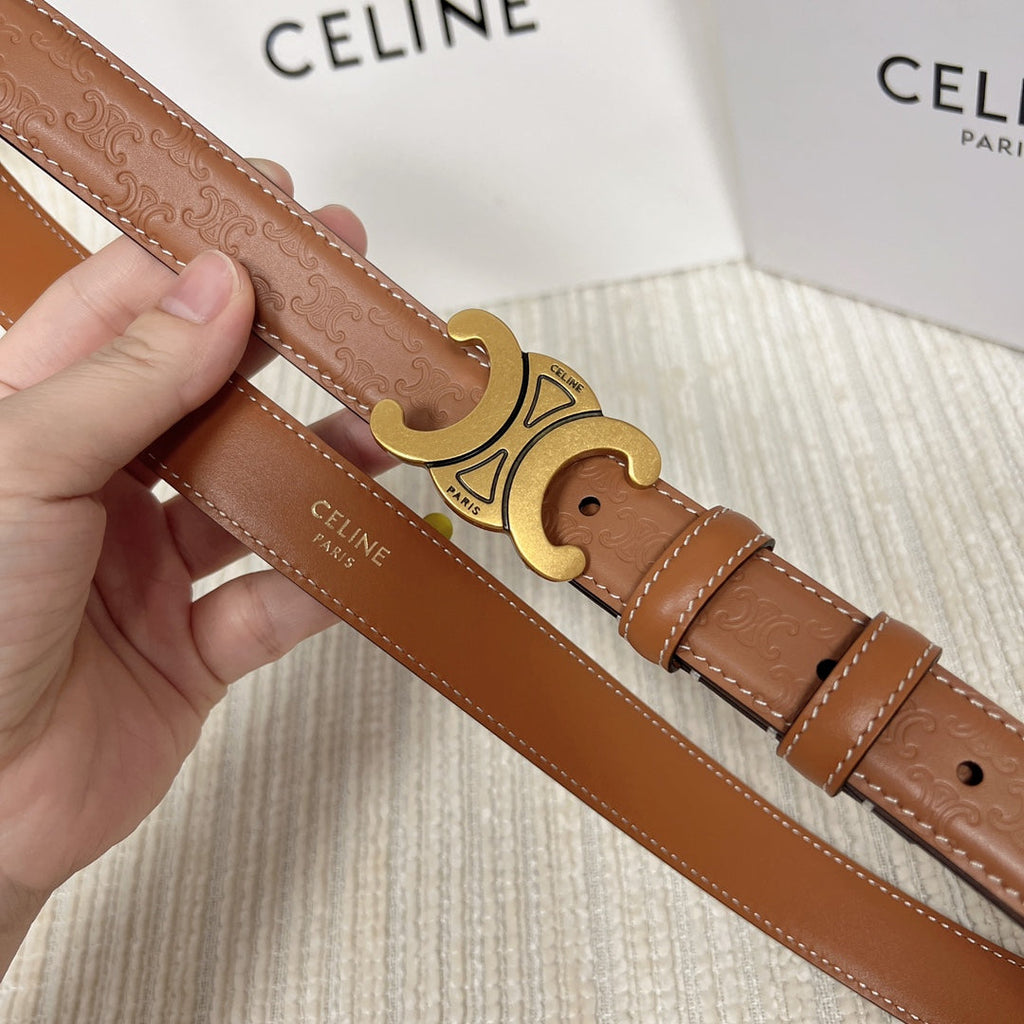 Medium Triomphe Belt 25mm Tan Calfskin White Line Finishing Gold Finishing