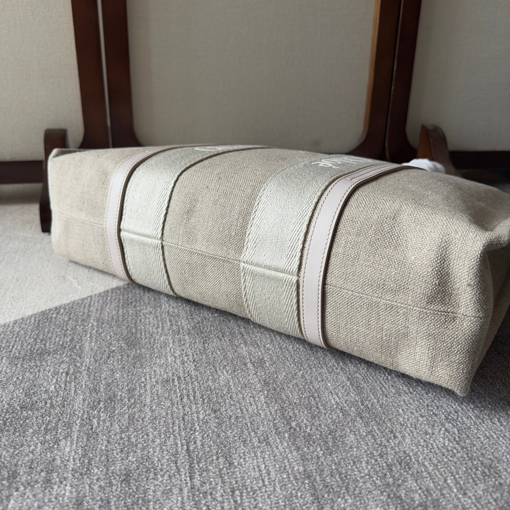 LAGRE WOODY TOTE BAG 45 IN BEIGE LINEN CANVAS WEBBING LOGO EMBROIDER COTTON WHITE CALFSKIN