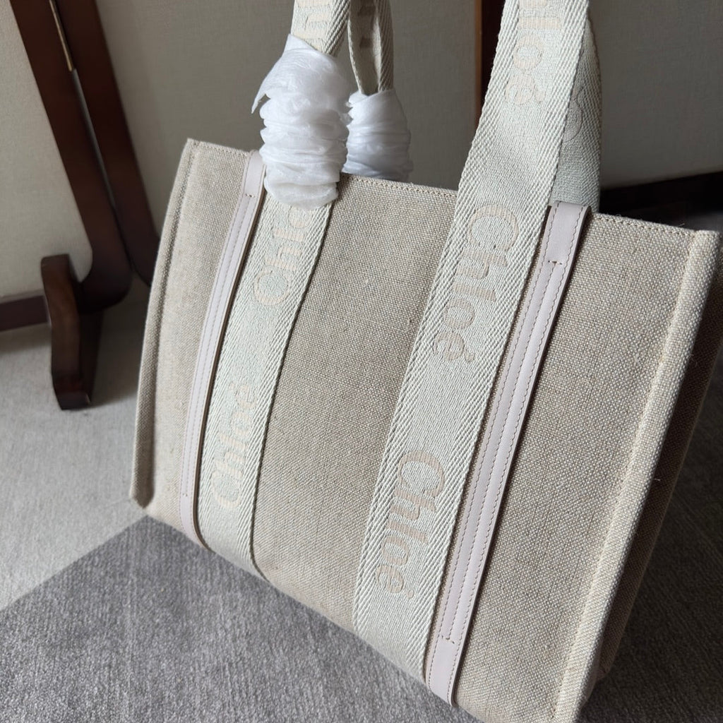 MEDIUM WOODY TOTE BAG 37 IN BEIGE LINEN CANVAS WEBBING LOGO EMBROIDER COTTON WHITE CALFSKIN