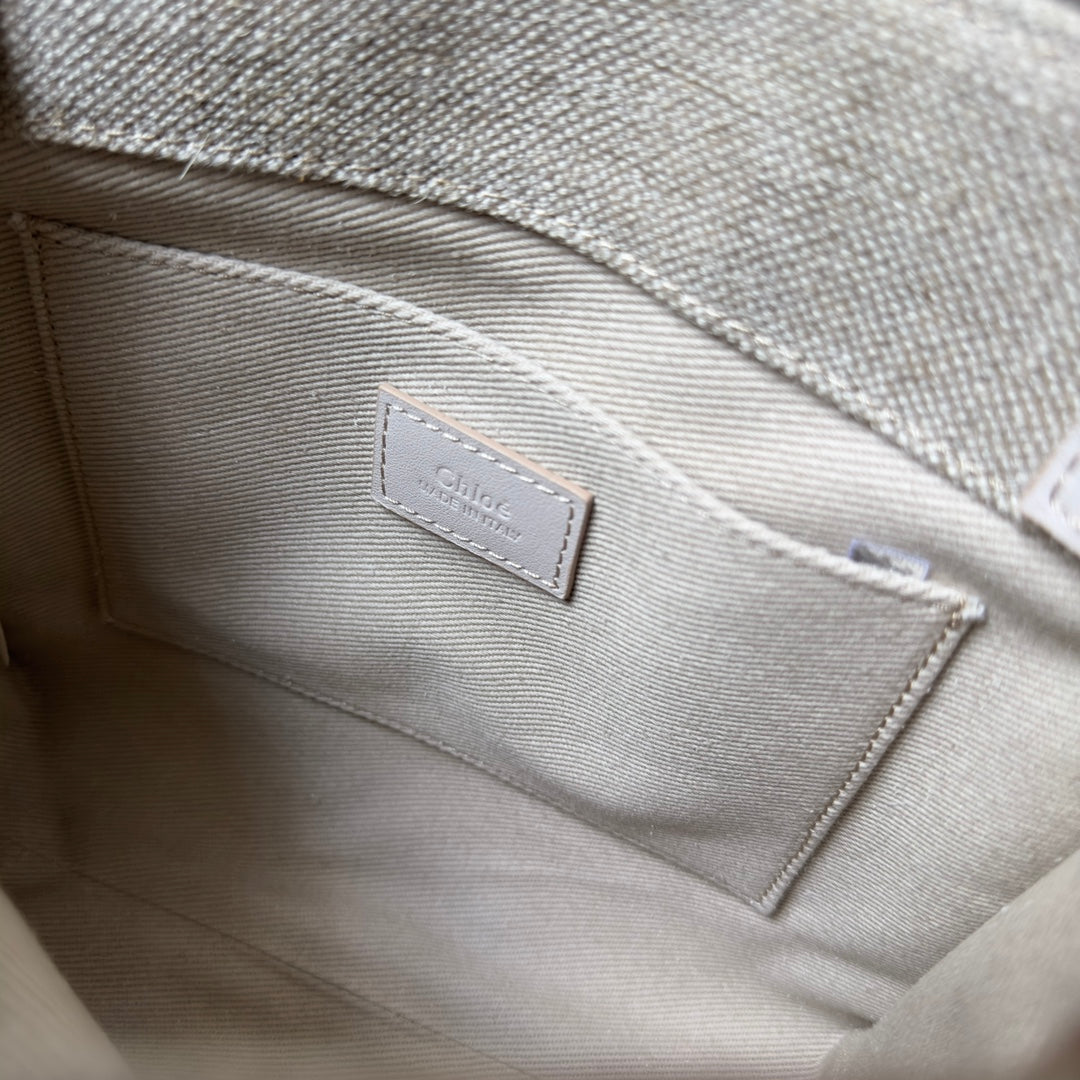 SMALL WOODY TOTE BAG 26.5 IN BEIGE LINEN CANVAS WEBBING LOGO EMBROIDER COTTON WHITE CALFSKIN