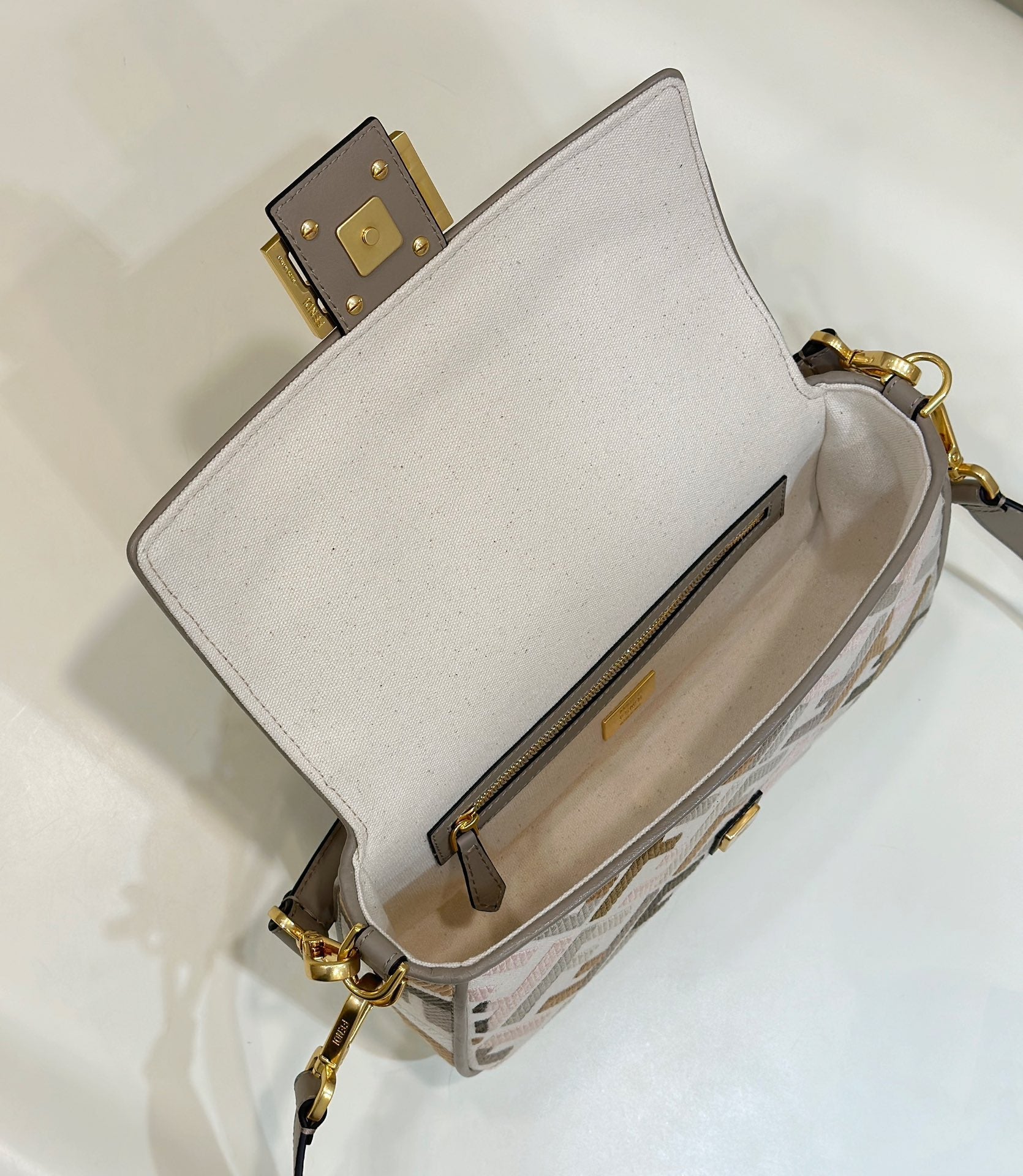 BAGUETTE CANVAS 27 BAG GREY STRAP WITH MULTICOLOUR EMBROIDERY GOLD HARDWARE
