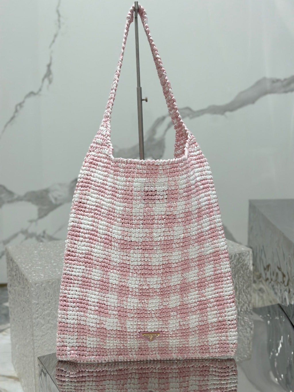 LARGE TOTE BAG 45 IN PINK MIX WHITE AND BLACK WOVEN RAFFIA