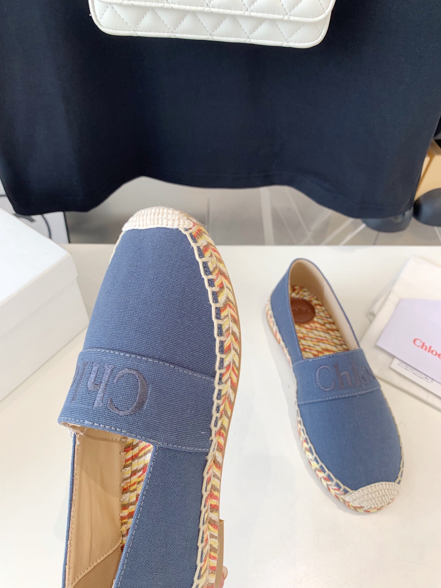 CHLOÉ LOAFER SHOES IN PIGEON BLUE DENIM AND WOVEN RAFFIA