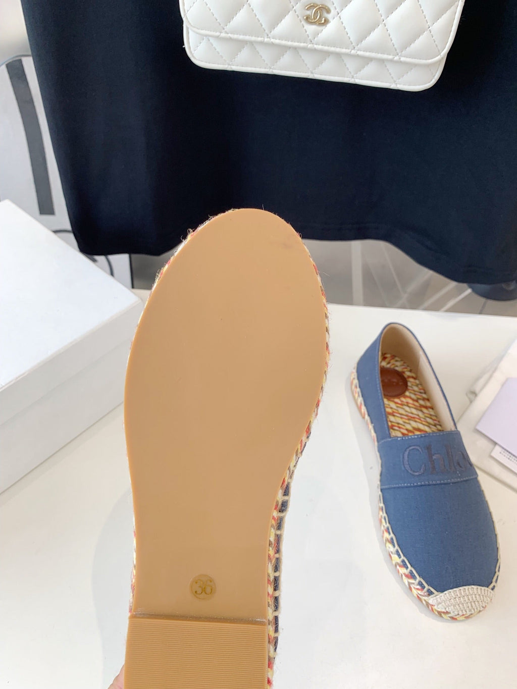 CHLOÉ LOAFER SHOES IN PIGEON BLUE DENIM AND WOVEN RAFFIA