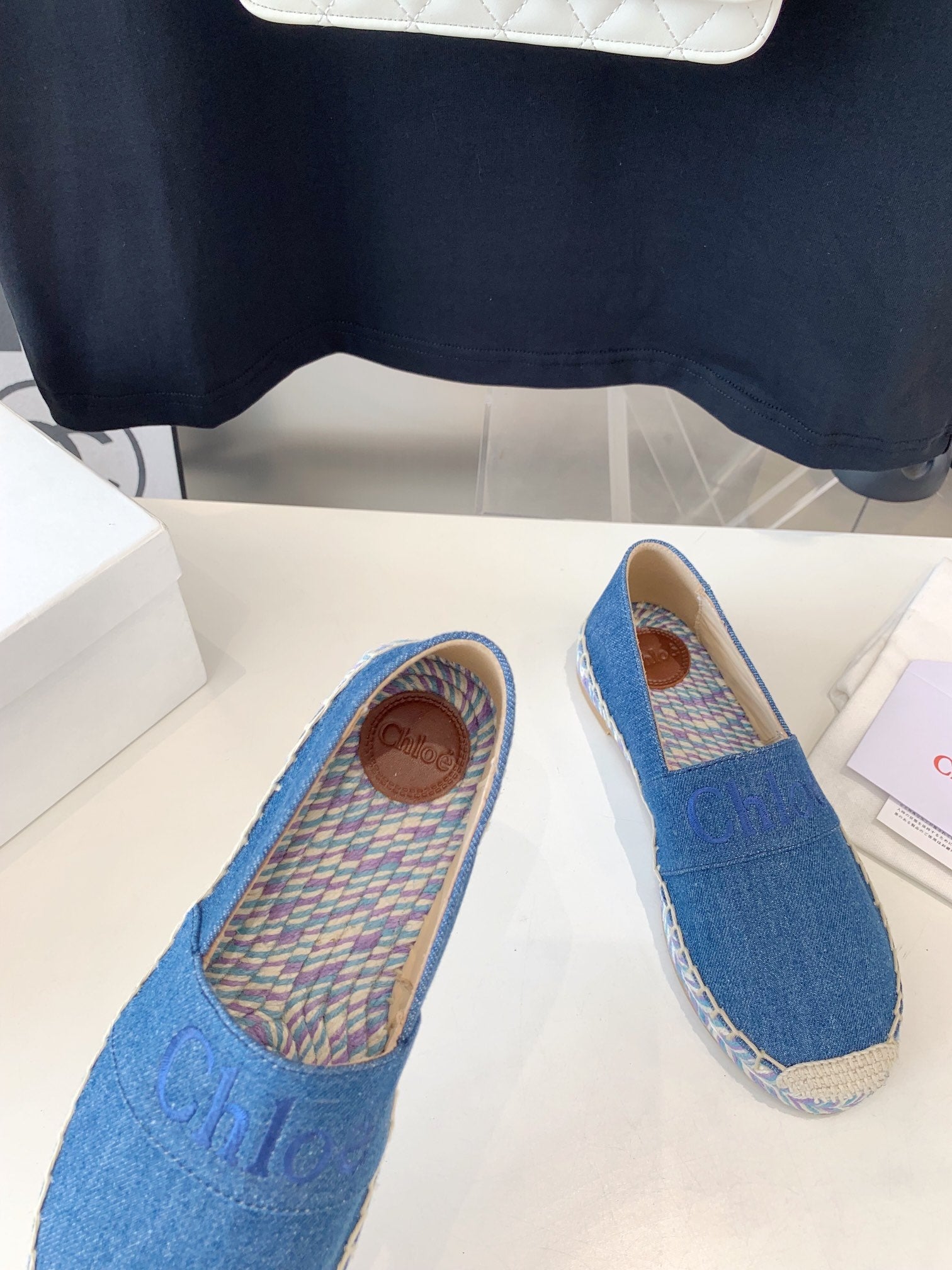 LOAFER SHOES IN CERULEAN BLUE DENIM AND WOVEN RAFFIA