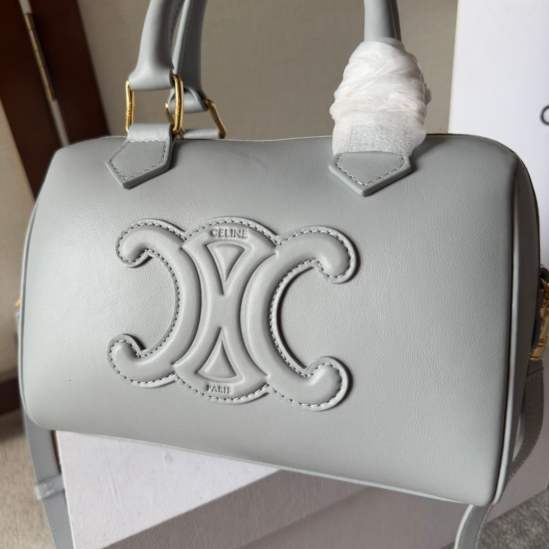 EMBOSSED CELINE TOP HANDLE BAG 20 IN GREY CALFSKIN