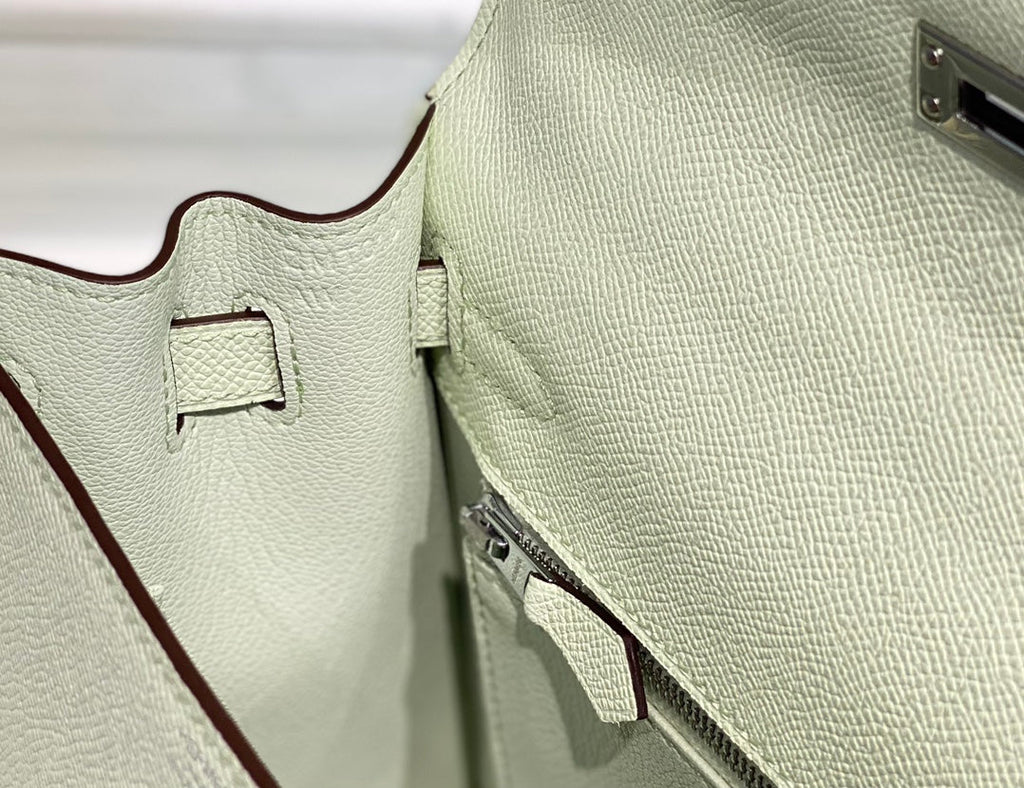 KELLY 25CM IN VERT FIZZ SWIFT CALFSKIN SILVER HARDWARE