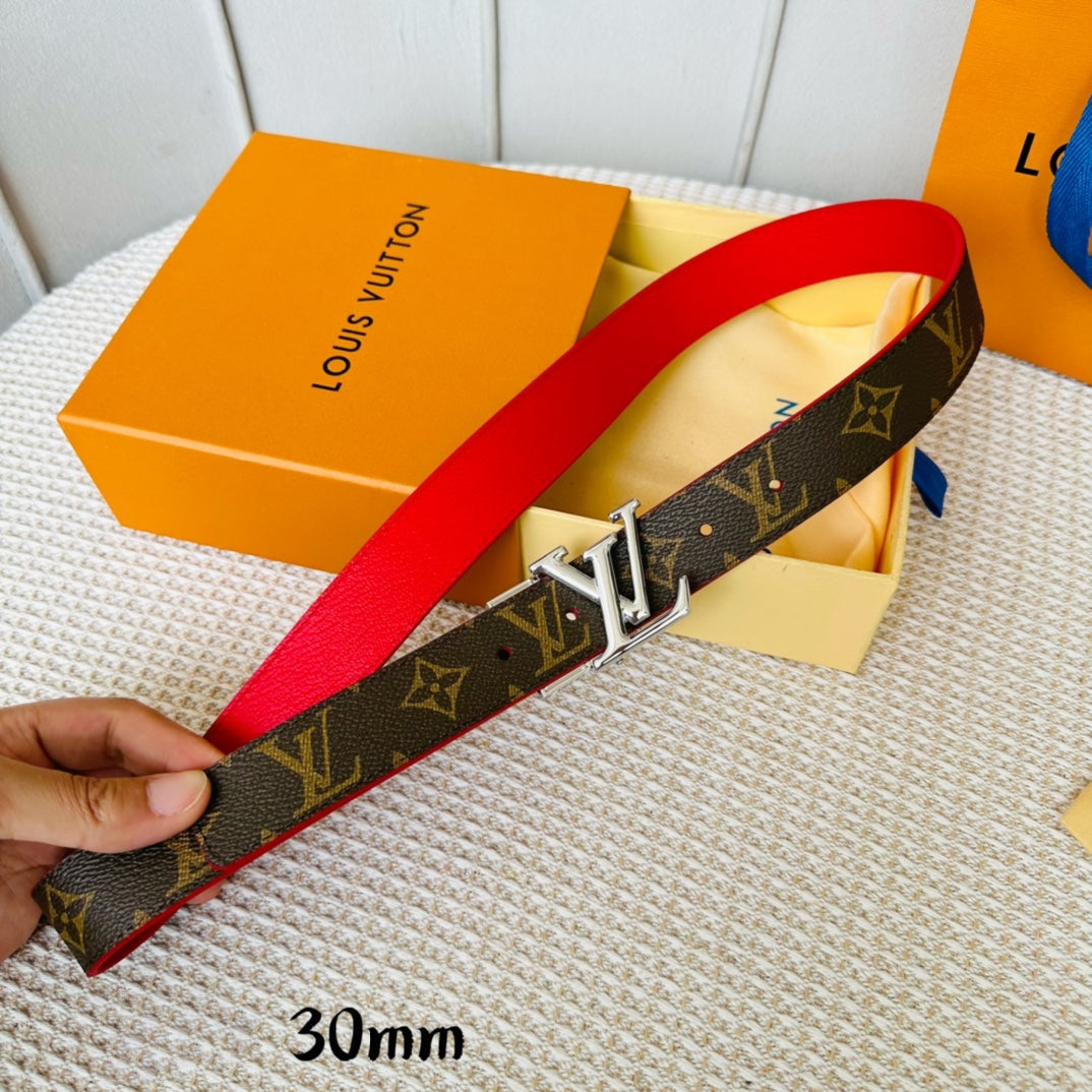LV Initiales 30mm Reversible Belt Silver Rotating Buckle Red Brown Leather
