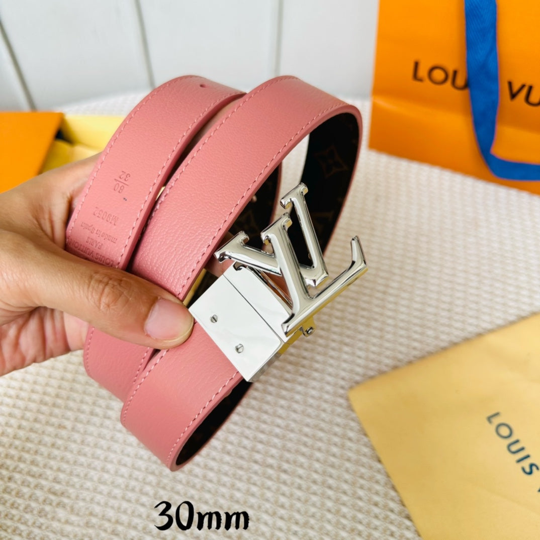 LV Initiales 30mm Reversible Belt Silver Rotating Buckle Pink Brown Leather