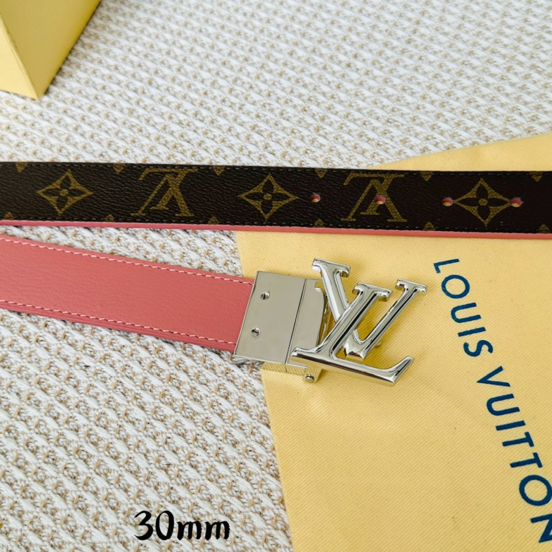 LV Initiales 30mm Reversible Belt Silver Rotating Buckle Pink Brown Leather