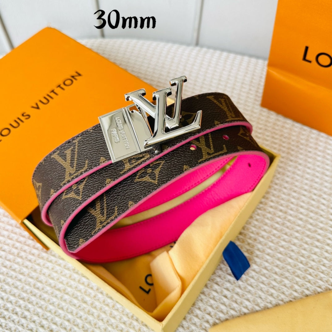 LV Initiales 30mm Reversible Belt Silver Rotating Buckle Hot Pink Brown Leather