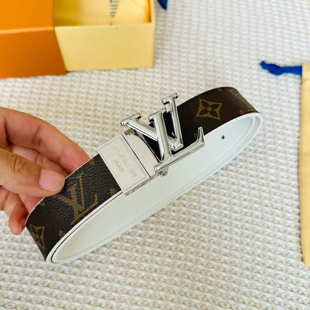 LV Initiales 30mm Reversible Belt Silver Rotating Buckle White Brown Leather