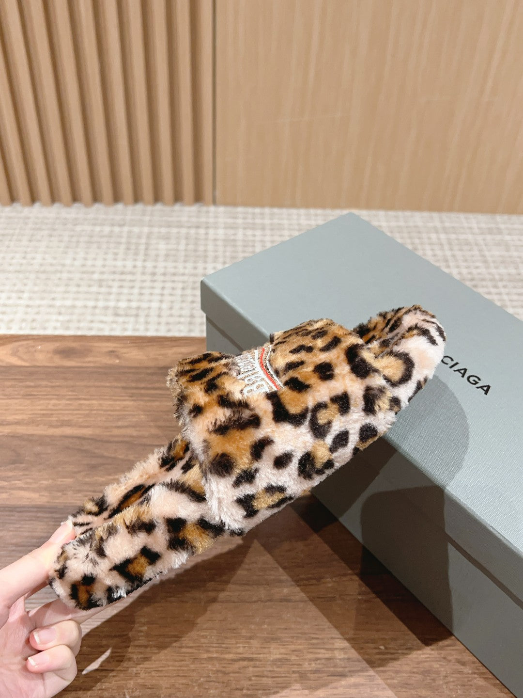 FURRY SLIDES IN LEOPARD PRINT RABBIT FUR