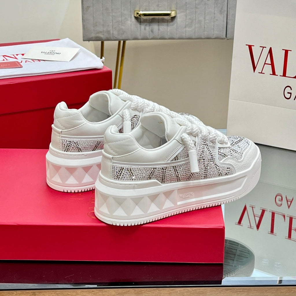 VALENTINO 25S GARAVANI ONE STUD XL PLATFORM SNEAKERS IN WHITE LAMBSKIN STONE-EMBELLISHED