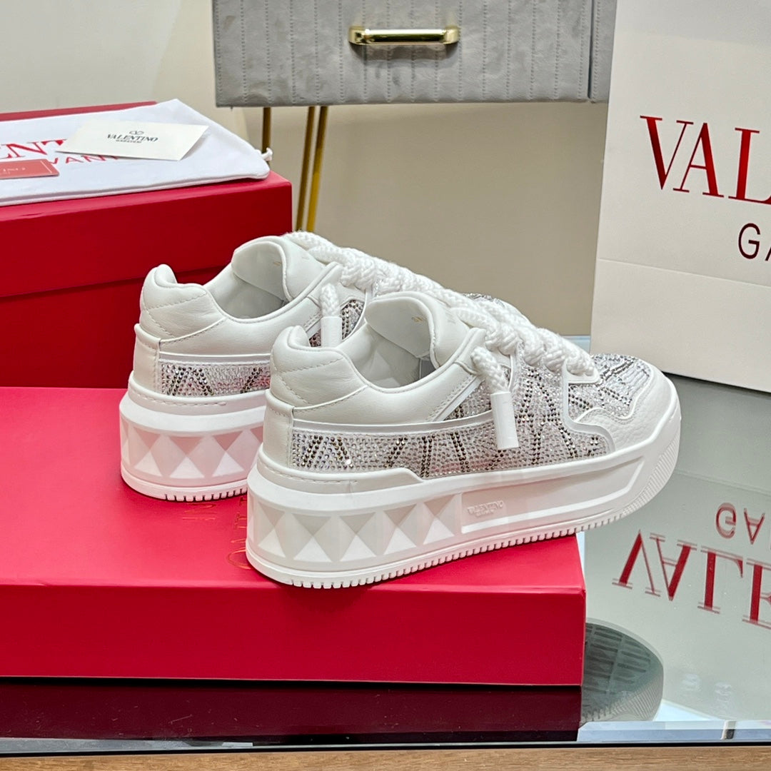 VALENTINO 25S GARAVANI ONE STUD XL PLATFORM SNEAKERS IN WHITE LAMBSKIN STONE-EMBELLISHED