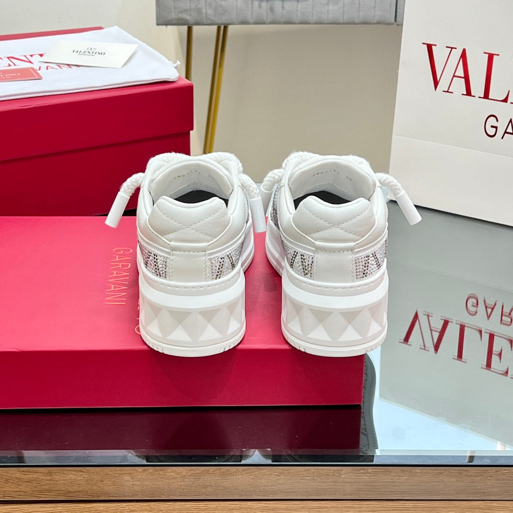 VALENTINO 25S GARAVANI ONE STUD XL PLATFORM SNEAKERS IN WHITE LAMBSKIN STONE-EMBELLISHED