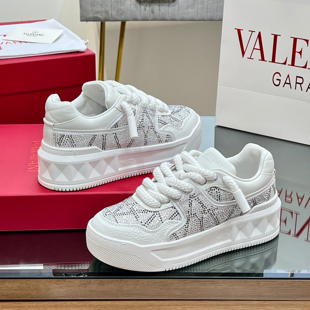 VALENTINO 25S GARAVANI ONE STUD XL PLATFORM SNEAKERS IN WHITE LAMBSKIN STONE-EMBELLISHED