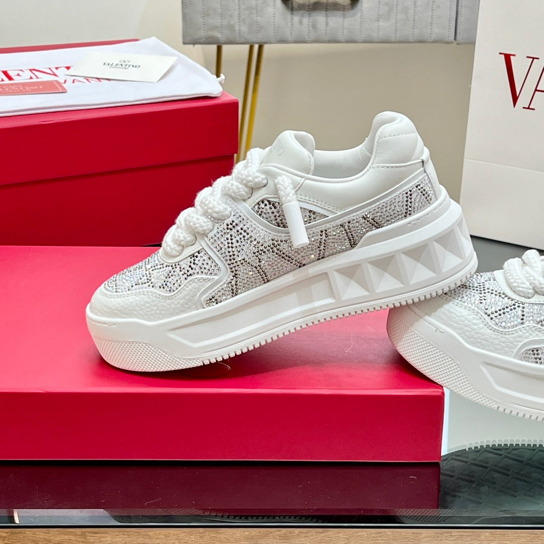 VALENTINO 25S GARAVANI ONE STUD XL PLATFORM SNEAKERS IN WHITE LAMBSKIN STONE-EMBELLISHED