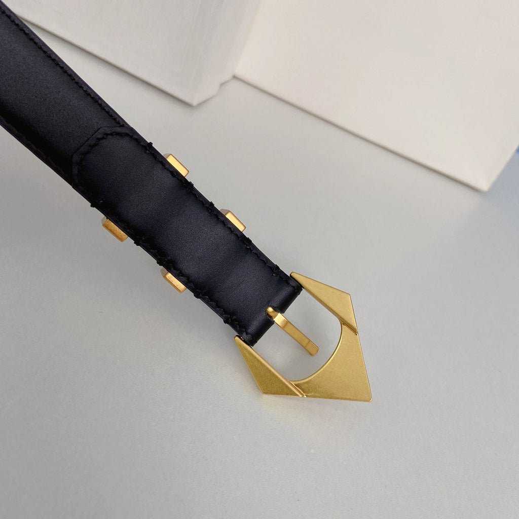 Medium Spike Belt 25mm Black Calfskin Loop Gold Gold Finishing