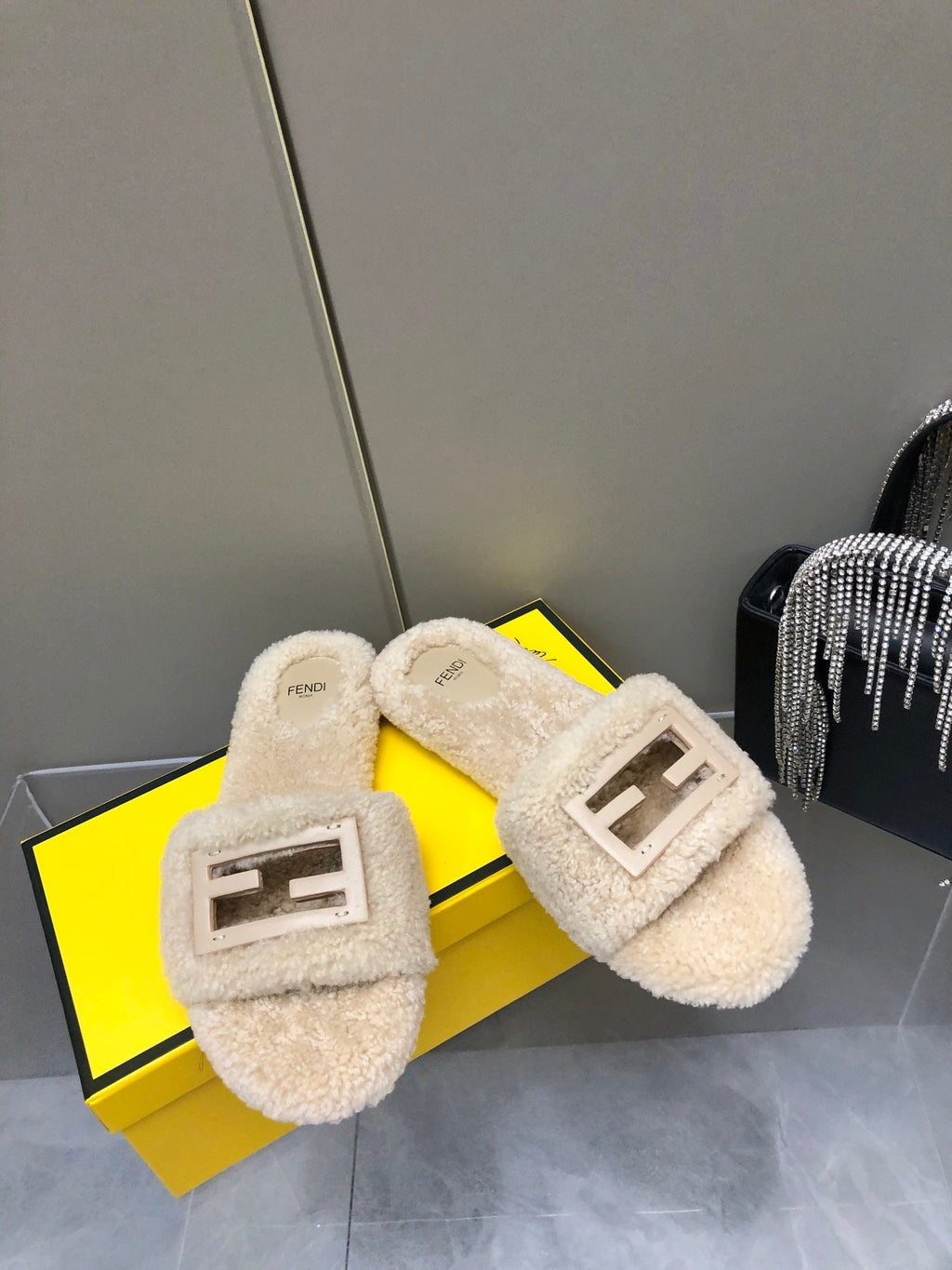 FENDI BAGUETTE SLIDE SLIPPERS IN BEIGE WOOL