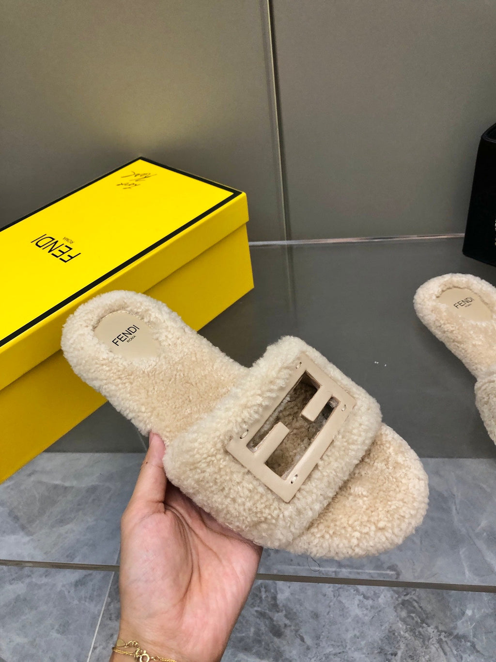 FENDI BAGUETTE SLIDE SLIPPERS IN BEIGE WOOL
