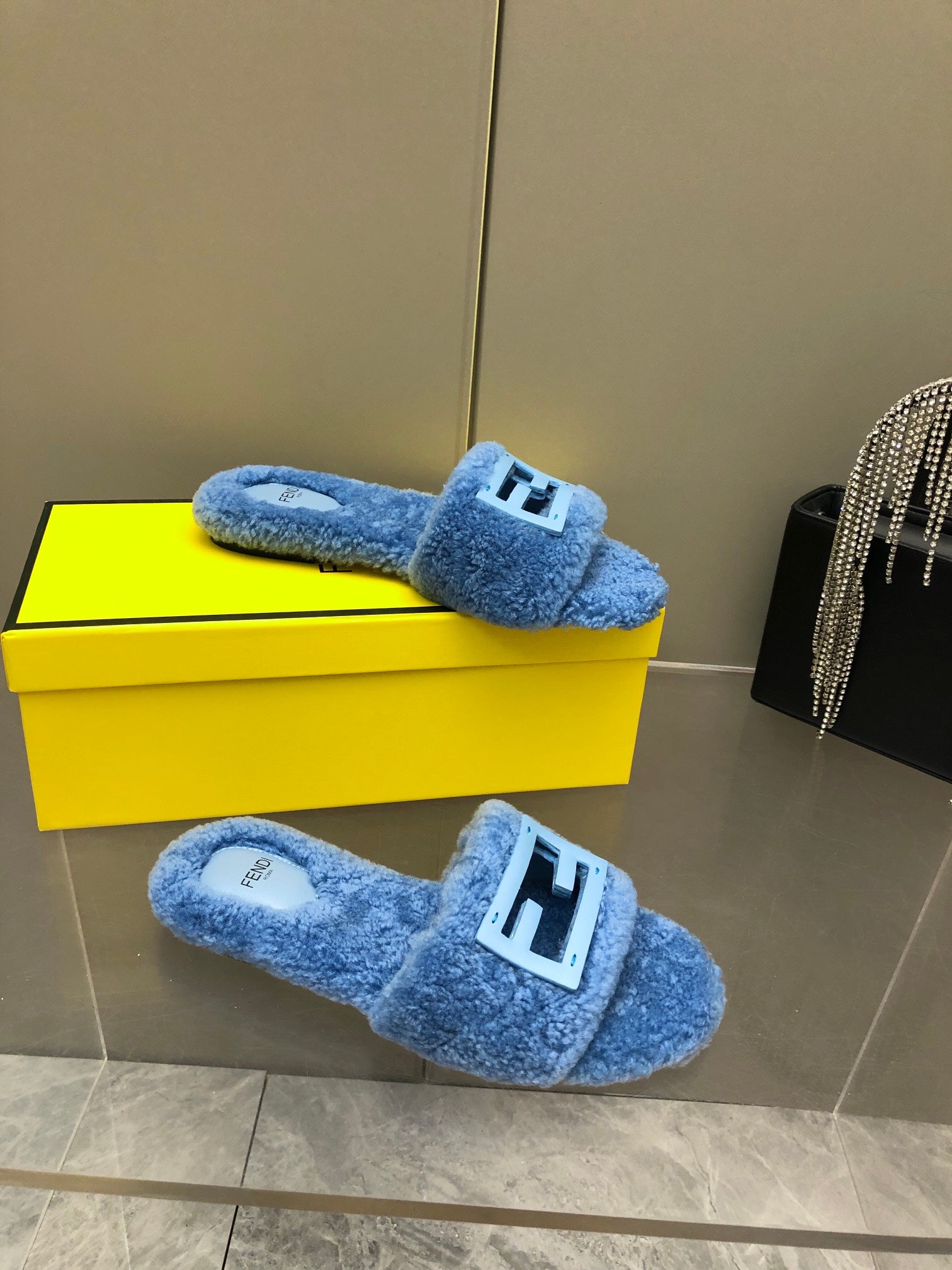 FENDI BAGUETTE SLIDE SLIPPERS IN CERULEAN BLUE WOOL
