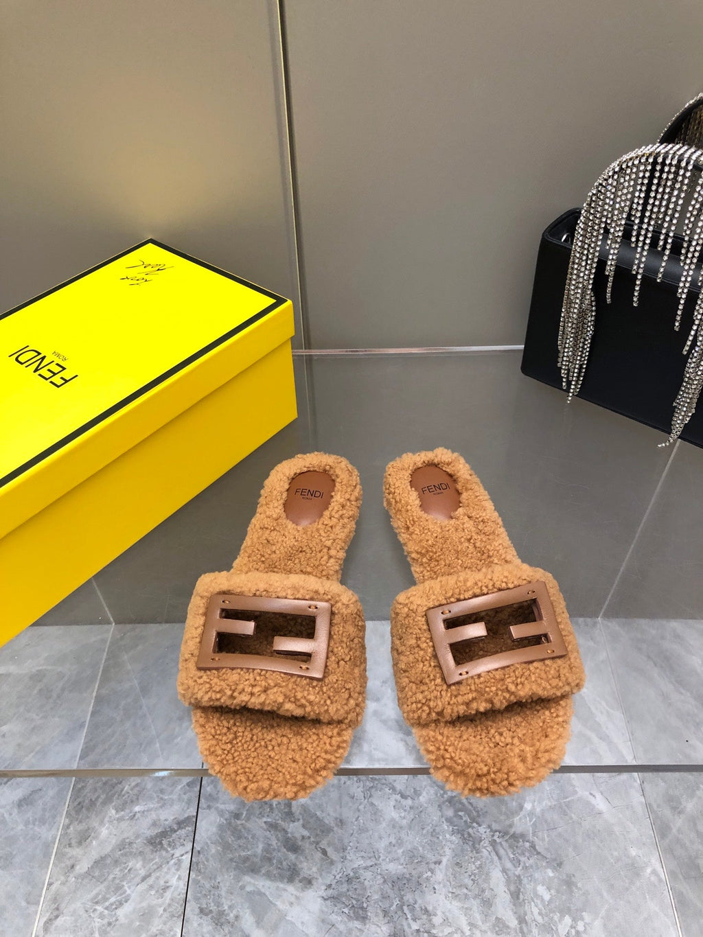 FENDI BAGUETTE SLIDE SLIPPERS IN CINNAMON BROWN WOOL