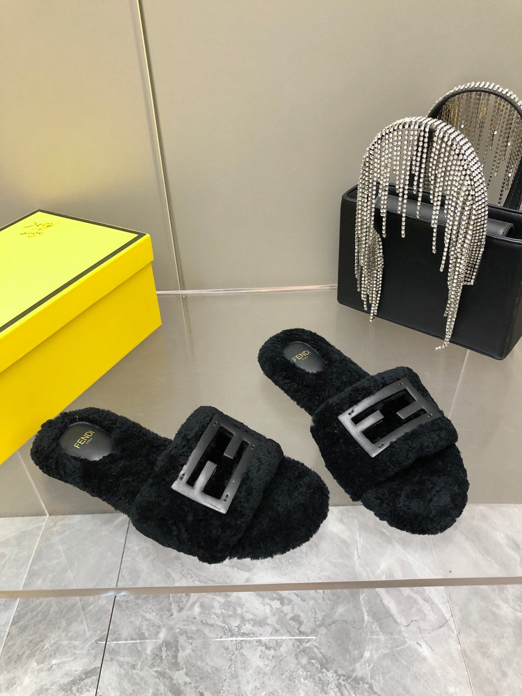 FENDI BAGUETTE SLIDE SLIPPERS IN BLACK WOOL
