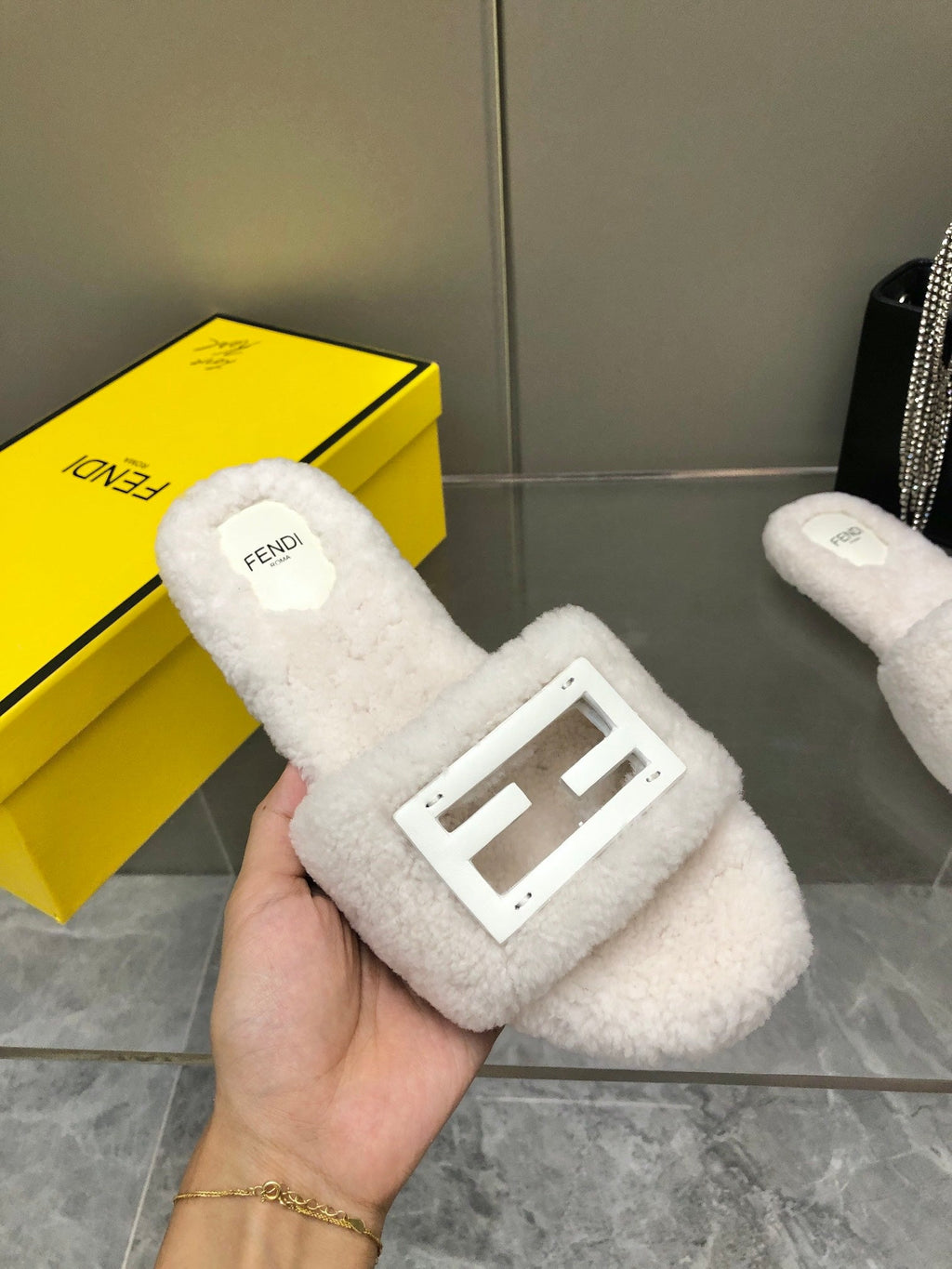 FENDI BAGUETTE SLIDE SLIPPERS IN WHITE WOOL