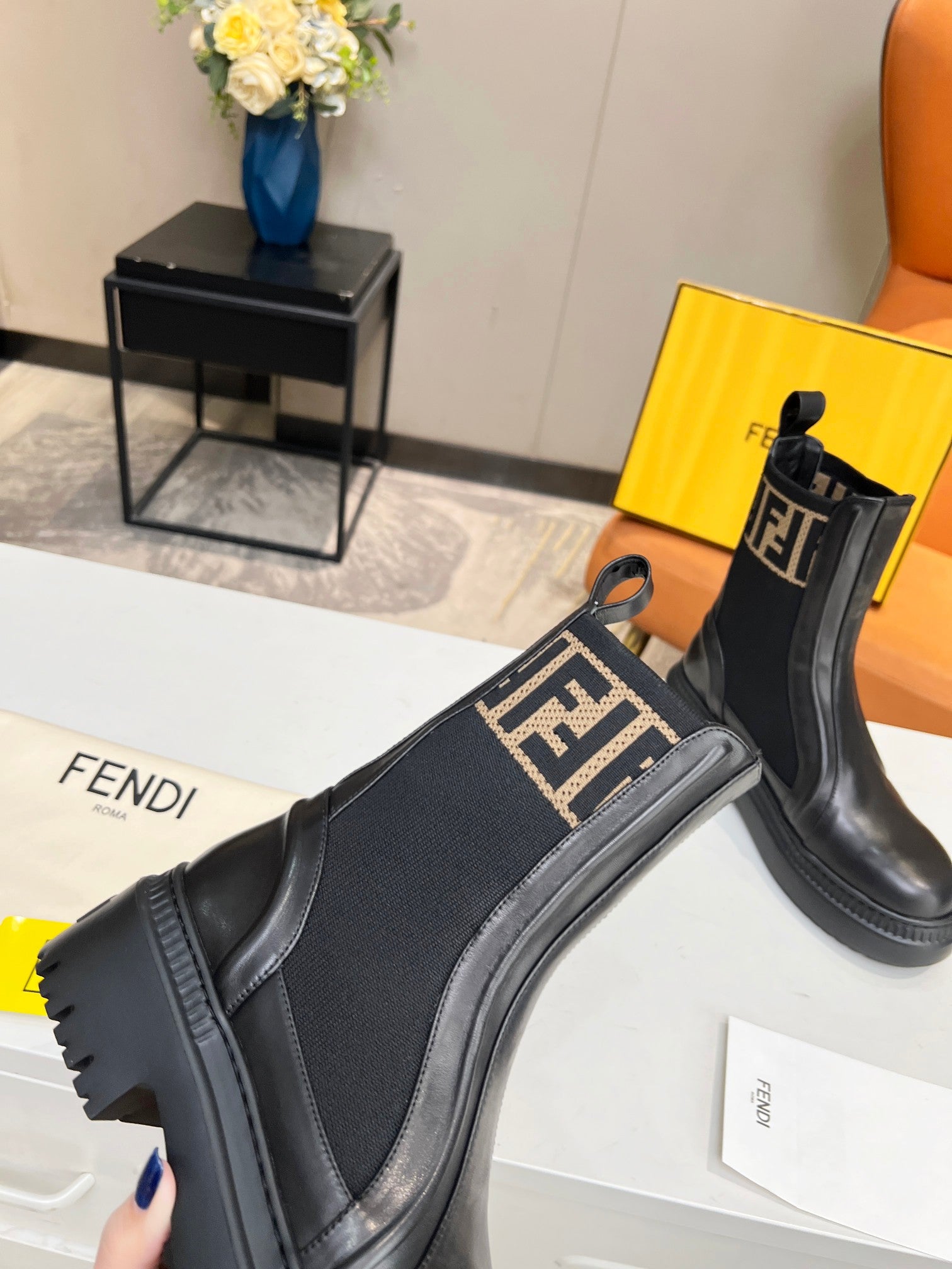 FENDI ROCKOKO BIKER BOOTS IN BLACK CALFSKIN WITH STRETCH FABRIC