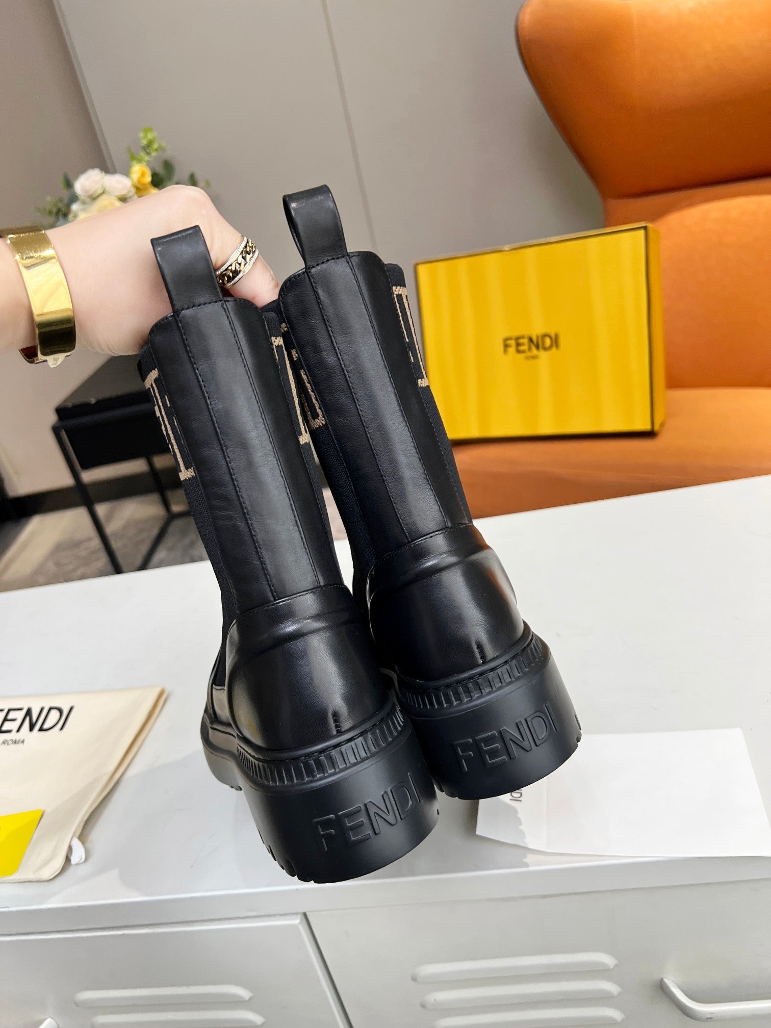 FENDI ROCKOKO BIKER BOOTS IN BLACK CALFSKIN WITH STRETCH FABRIC