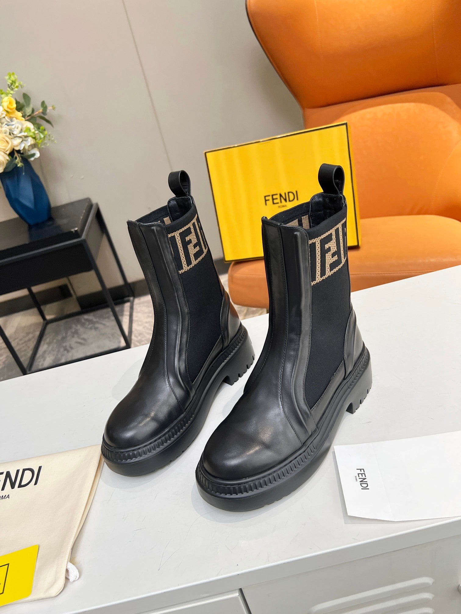 FENDI ROCKOKO BIKER BOOTS IN BLACK CALFSKIN WITH STRETCH FABRIC