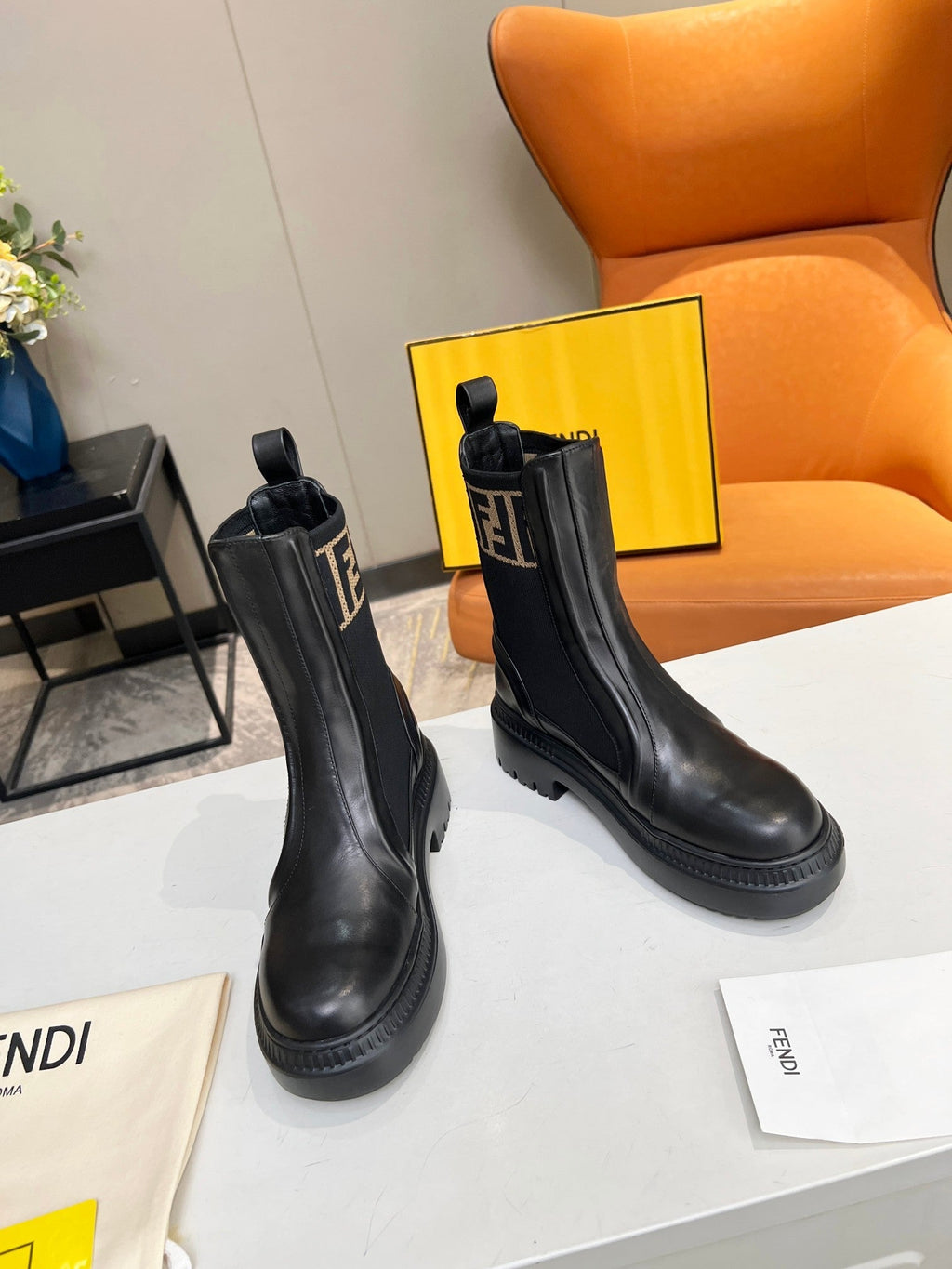 FENDI ROCKOKO BIKER BOOTS IN BLACK CALFSKIN WITH STRETCH FABRIC
