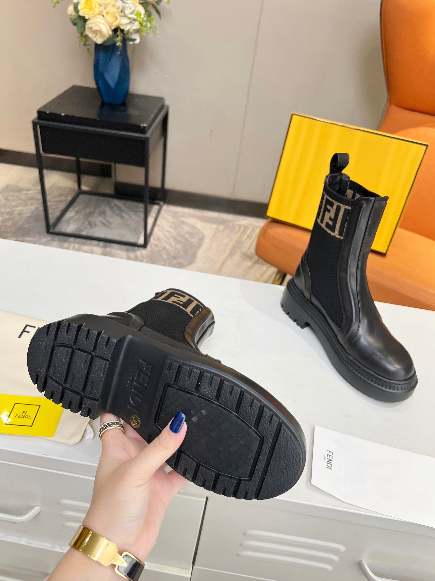 FENDI ROCKOKO BIKER BOOTS IN BLACK CALFSKIN WITH STRETCH FABRIC