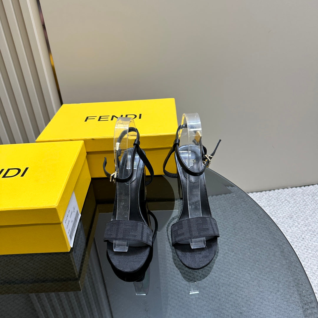 FENDI DELFINA HIGH-HEELED 10 CM SANDAL IN BLACK FF CANVAS