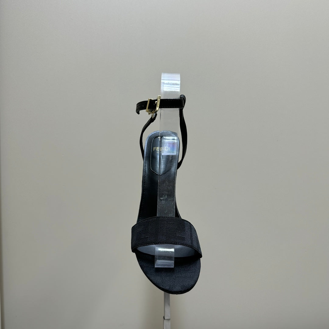 FENDI DELFINA HIGH-HEELED 10 CM SANDAL IN BLACK FF CANVAS