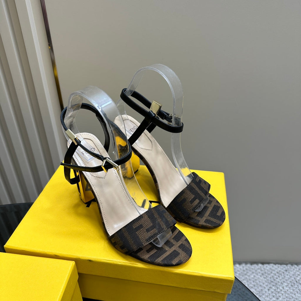 FENDI DELFINA HIGH-HEELED 10 CM SANDAL IN BROWN MONOGRAM FF CANVAS