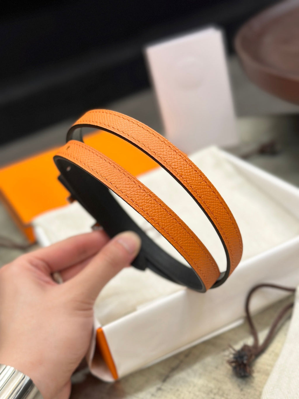 HM FOCUS BUCKLE & REVERSIBLE BLACK AND ORANGE LEATHER STRAP 13MM COPPER HARDWARE