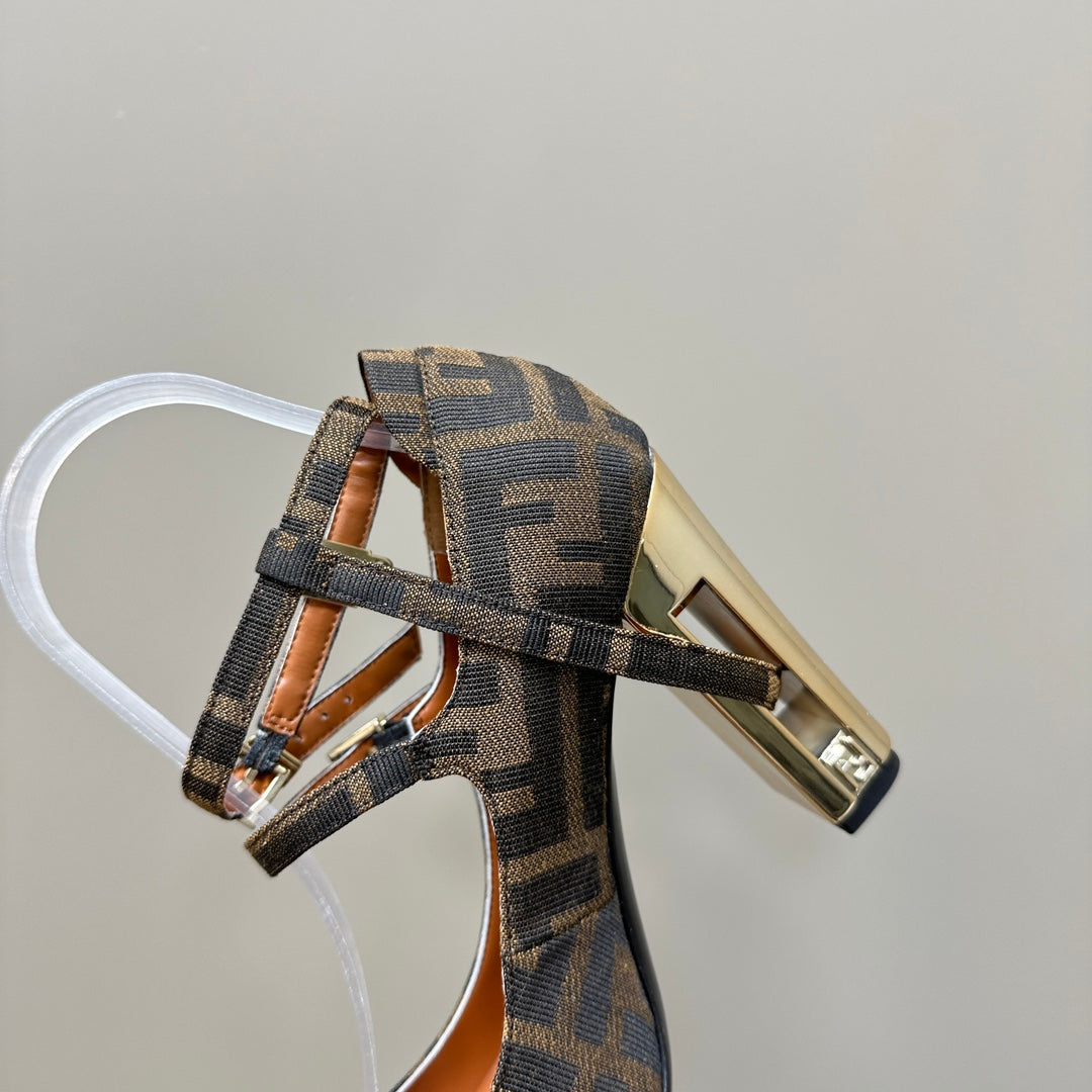 FENDI DELFINA HIGH-HEELED 85 MM SANDAL IN BROWN MONOGRAM FF CANVAS