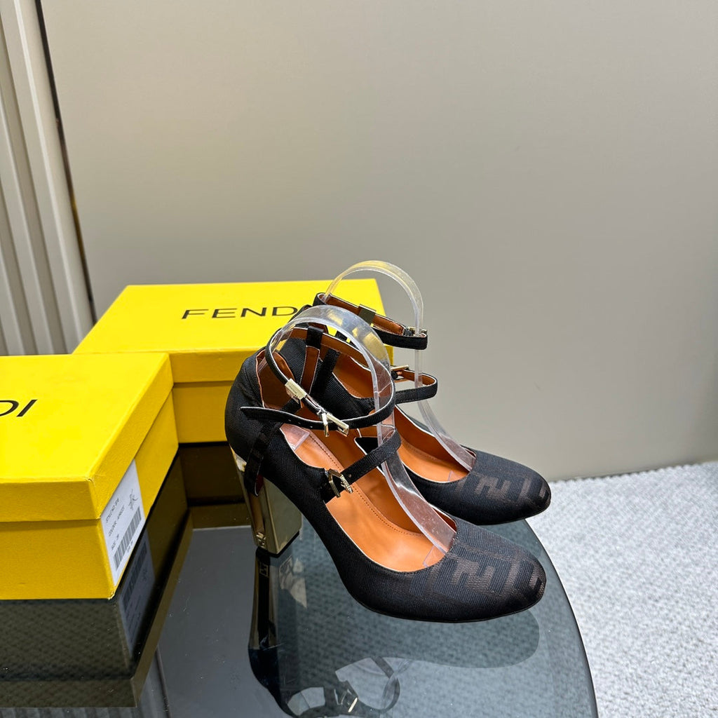 FENDI DELFINA HIGH-HEELED 85 MM SANDAL IN BLACK MONOGRAM FF CANVAS