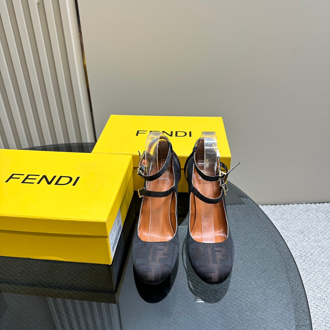 FENDI DELFINA HIGH-HEELED 85 MM SANDAL IN BLACK MONOGRAM FF CANVAS