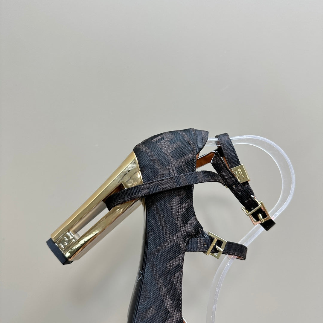 FENDI DELFINA HIGH-HEELED 85 MM SANDAL IN BLACK MONOGRAM FF CANVAS