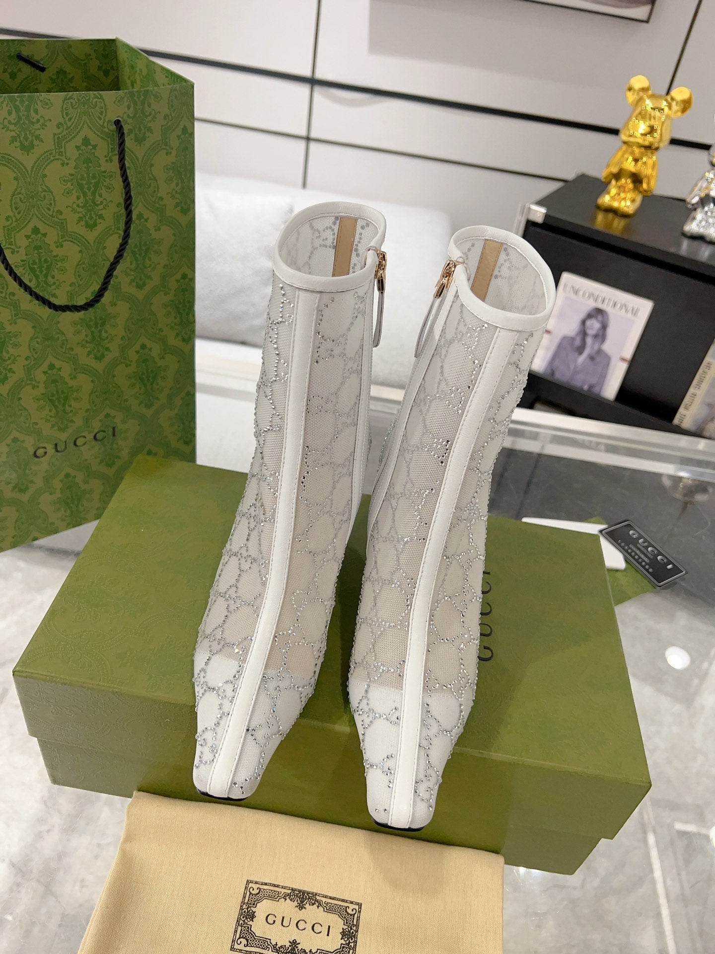 ANKLE BOOTS IN WHITE MESH AND SHEEPSKIN WITH GG CRYSTALS