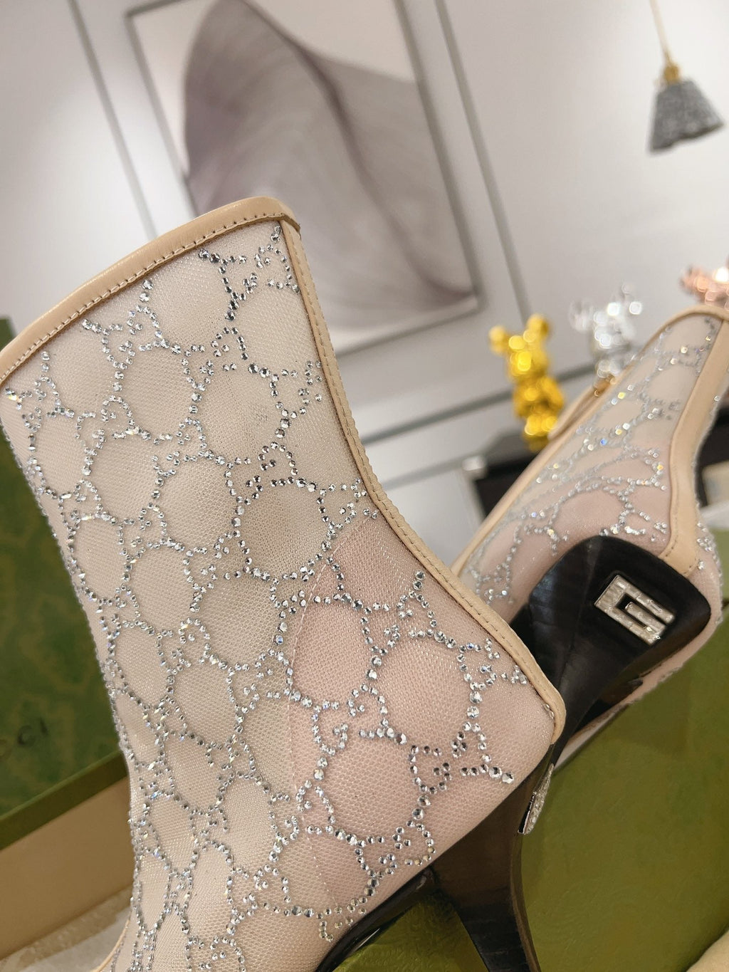 ANKLE BOOTS IN BEIGE MESH AND SHEEPSKIN WITH GG CRYSTALS