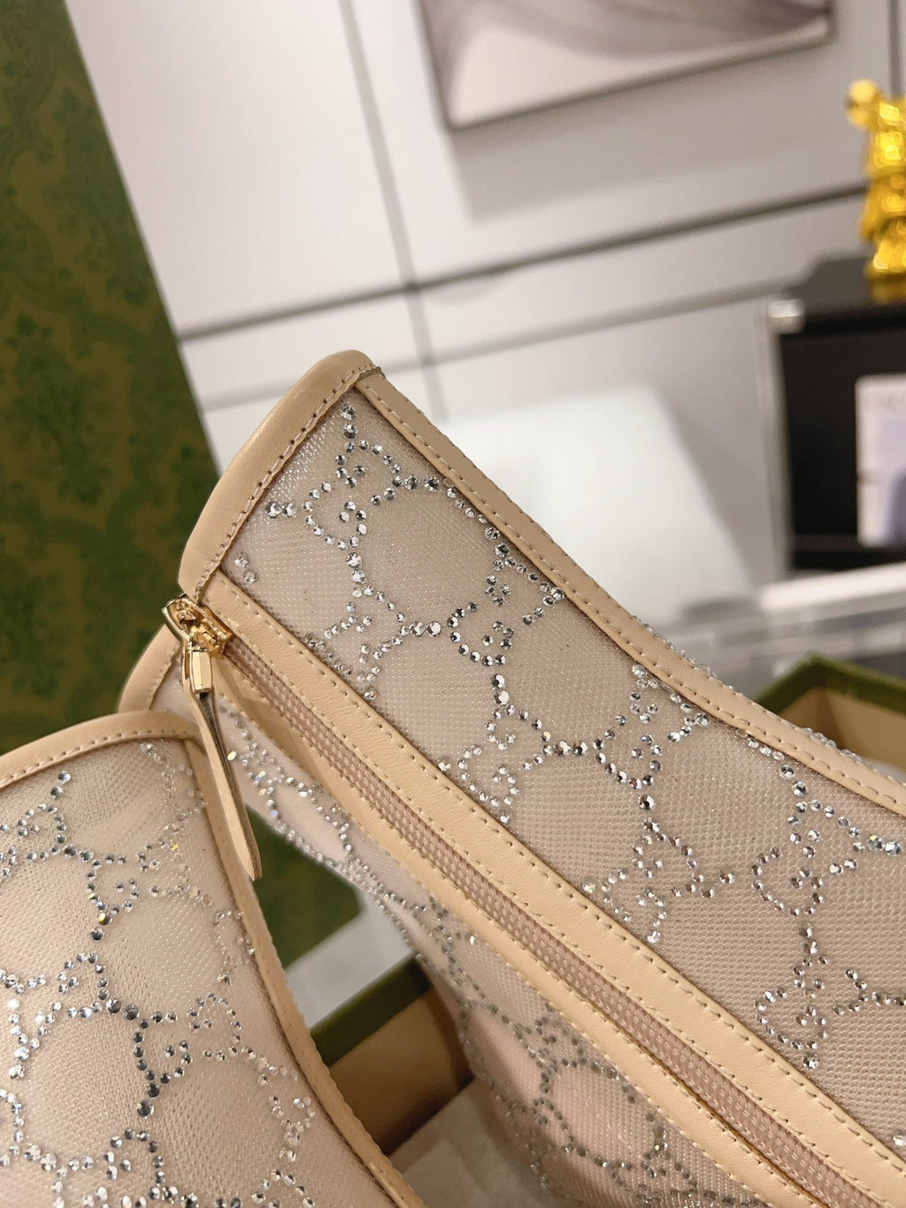 ANKLE BOOTS IN BEIGE MESH AND SHEEPSKIN WITH GG CRYSTALS