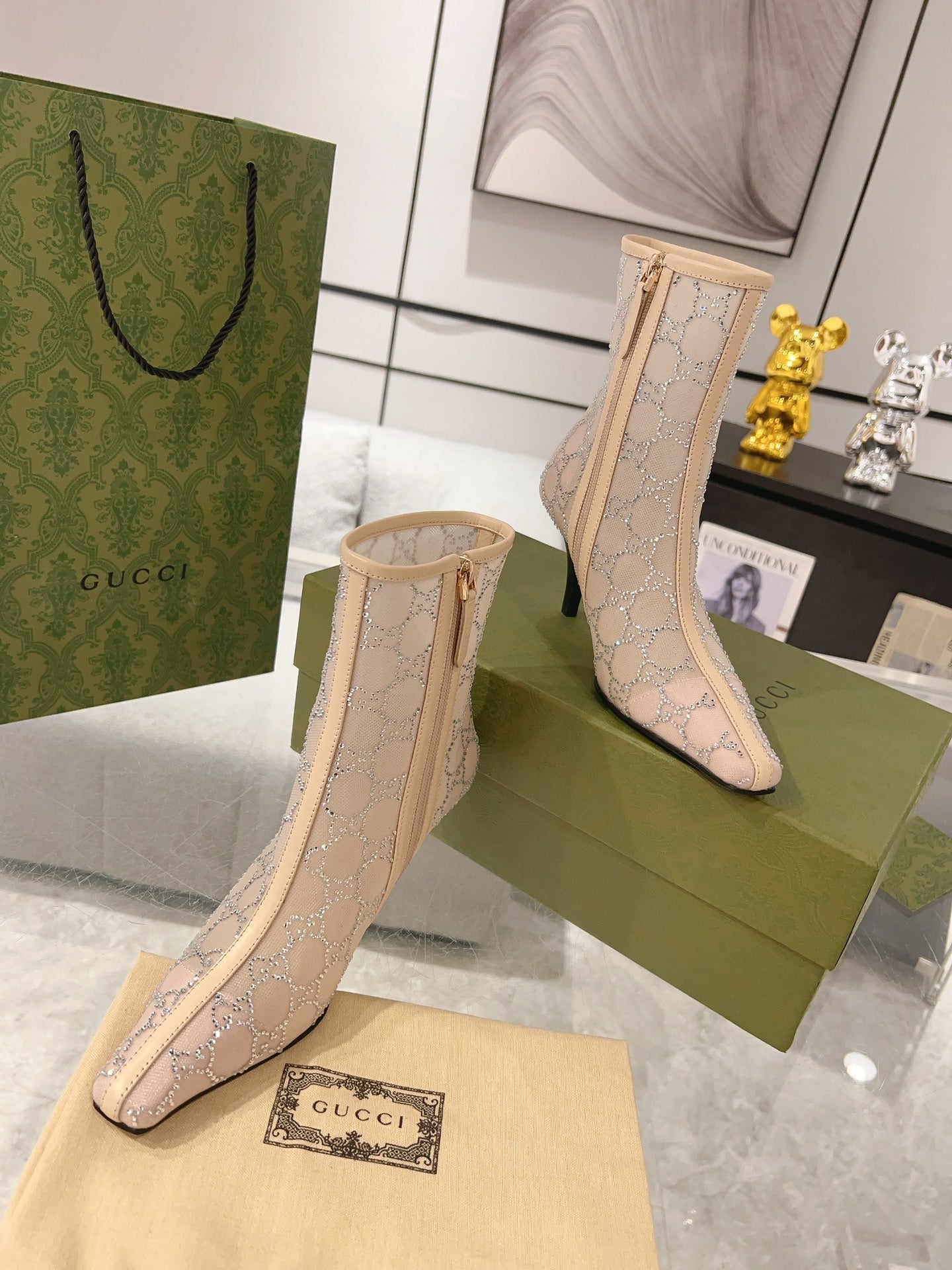 ANKLE BOOTS IN BEIGE MESH AND SHEEPSKIN WITH GG CRYSTALS