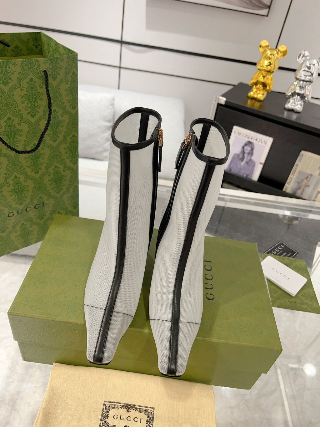 GG ANKLE BOOTS IN WHITE MIX BLACK MESH AND SHEEPSKIN