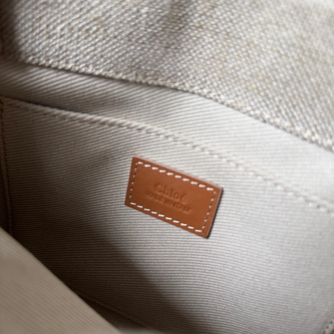 SMALL WOODY TOTE BAG 26.5 IN BEIGE LINEN CANVAS WEBBING LOGO EMBROIDERY BROWN CALFSKIN